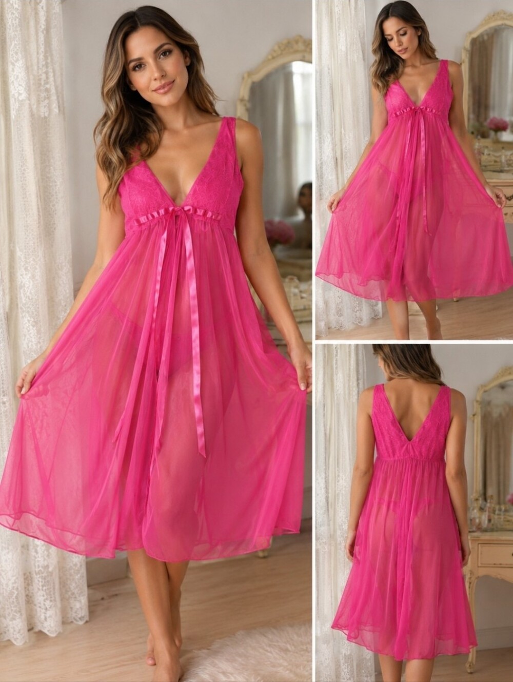 Vintage 1960s Vanity Fair Hot Pink Sheer Nylon Babydoll Nightgown Size 34 USA